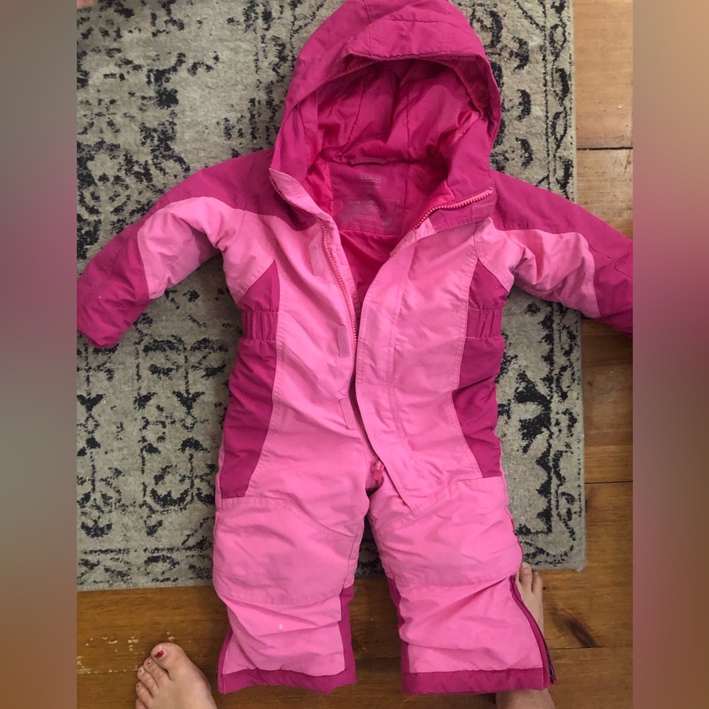 LL Bean toddler girl pink snowsuit. Warm waterproof snowsuit perfect for winter.